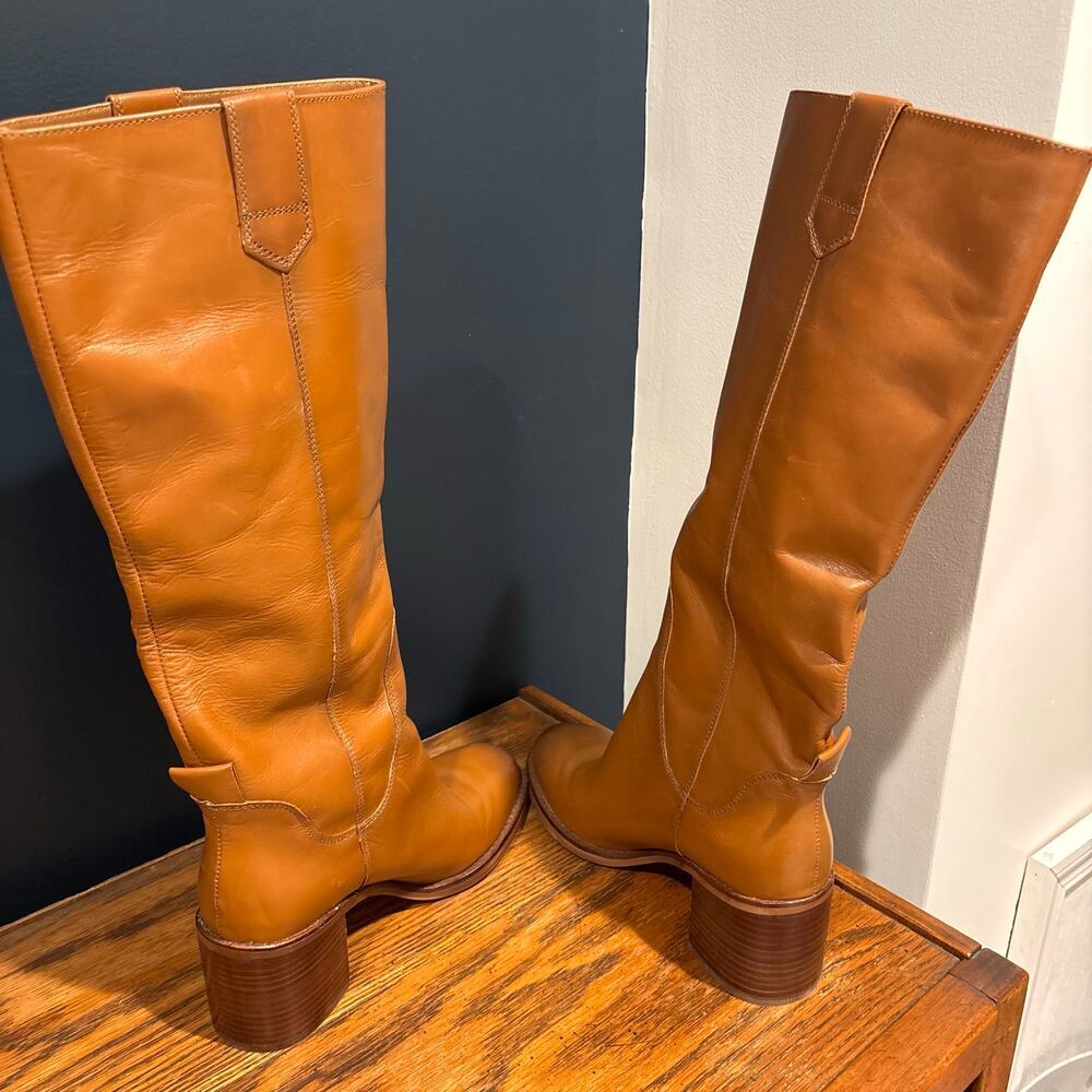 Zara Leather Knee High Block Heel Pull On Boots - Picture 9 of 15